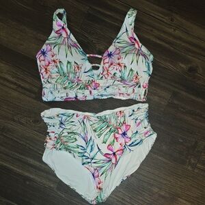Tropical Floral Two-Piece Bikini Set - White Base with Pink & Green Floral Print
